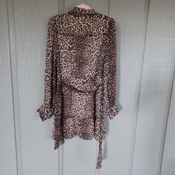 Paige Women Vittoria Silk Mini Dress Button Front Tie Waist In Natural Leopard - Picture 2 of 16